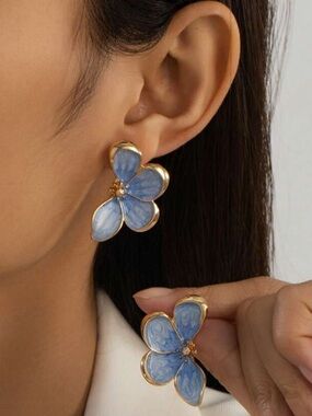 Hand Painted Blue Floral Petal Stud Earrings with Gold Edge